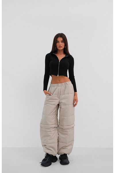 Black Fashion Zipper Detail Beige Quilted Trousers