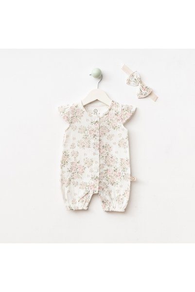 Pure Kids Store 100% Organic Cotton Muslin Fabric Baby Girl Floral Patterned 2-Piece Jumpsuit Set with Snap Fasteners
