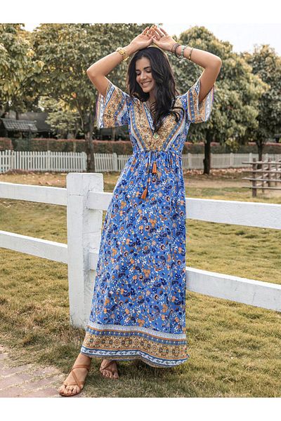 Russty Dustty By Styli Allover Printed Drawstring Waist Maxi Dress
