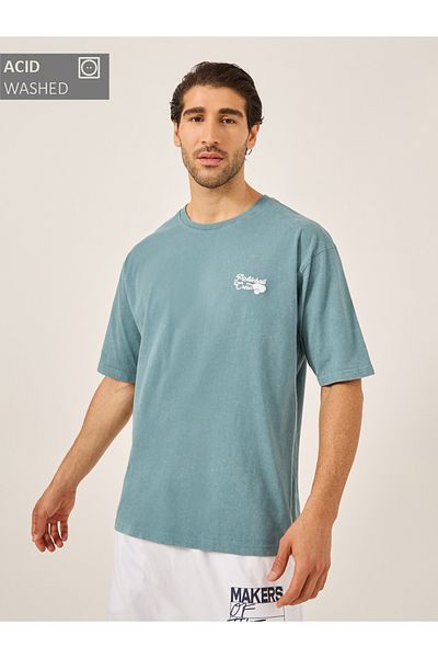 Styli Acid Washed Oversized T-Shirt with Contrast Embroidery