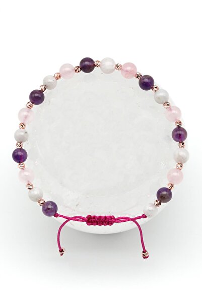 Alibaba Doğaltaş Aytaşı-Ametist-Pembe Kuvars Doğal Taş Makrome Örme Bileklik Küre Kesim