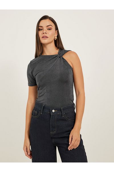 Styli Textured Asymmetrical Neck One Sleeve Top