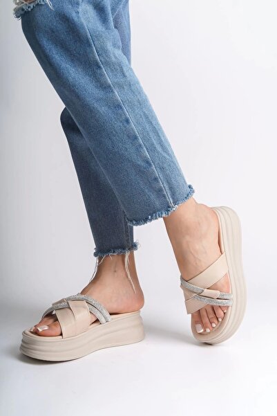 Graph Ruby Flat Heeled Stone Cross Striped Thick and Orthopedic Sole Women's Slippers Kt - Cream