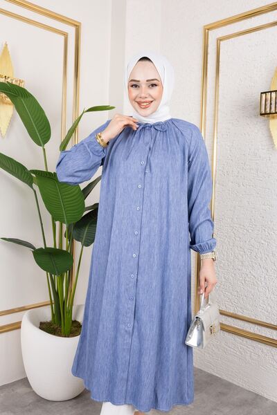 Foremia Collar Tie Long Tunic-Indigo