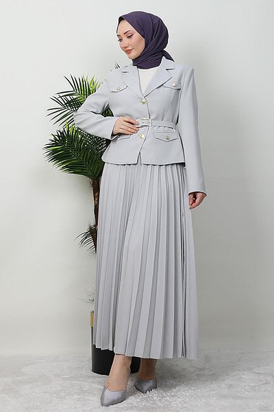 GİYZAMİLA Gold Detail Skirt Suit Stone