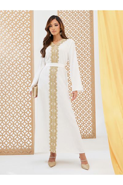Styli Jacquard V Neck Kaftan with Lace Detail
