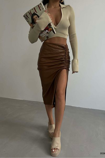Black Fashion Кафява кожена пола - набран дизайн