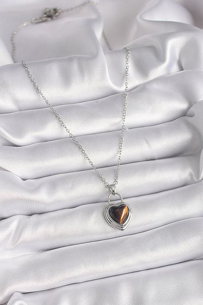 norsary 316L Steel Silver Color Chain Lock Heart Amber Bead Model Women's Necklace