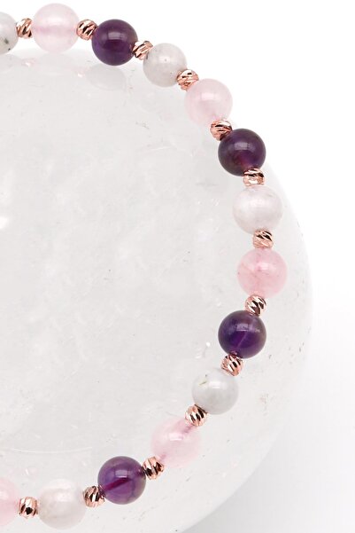 Alibaba Doğaltaş Aytaşı-Ametist-Pembe Kuvars Doğal Taş Makrome Örme Bileklik Küre Kesim