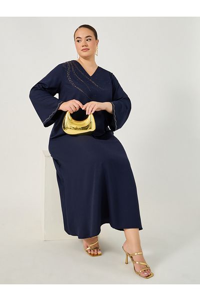 Styli Plus Size Rhinestone Embellished V Neck Jalabiya