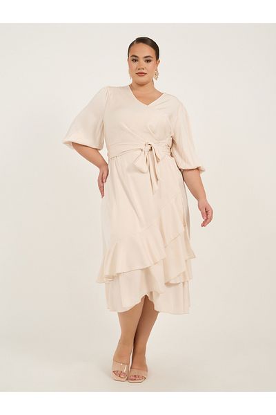 Styli Plus Size Balloon Sleeve Wrap Midi Dress