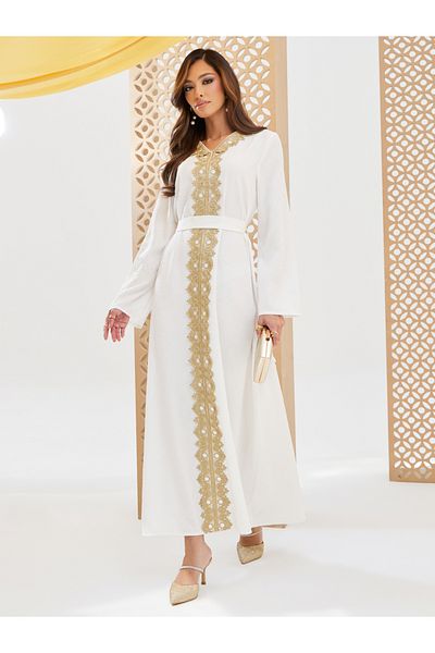 Styli Jacquard V Neck Kaftan with Lace Detail