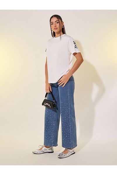 Take Two By Styli Round Neck Embroidered Sleeve Detail T-Shirt