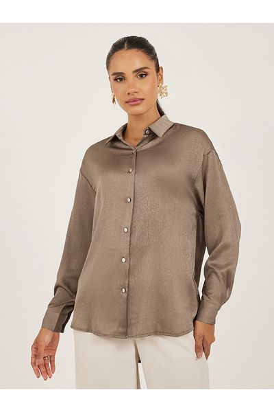 Styli Brown Textured Long Sleeve Oversized Shirt