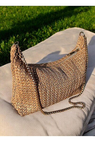 Katusa Жіноча зигзагоподібна в'язана солом'яна золота сумка з ланцюжком на руку та плече