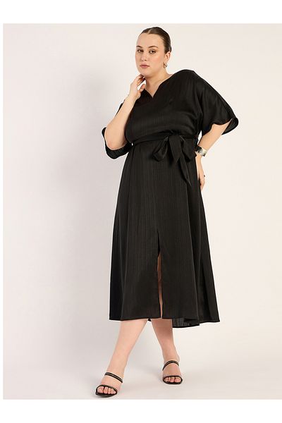 Femmella By Styli Plus Size V Neck Front Slit Detail A-Line Maxi Dress