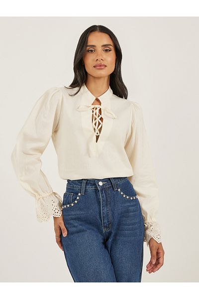Styli Women Cream Solid Volume Sleeves Lace-Up Top