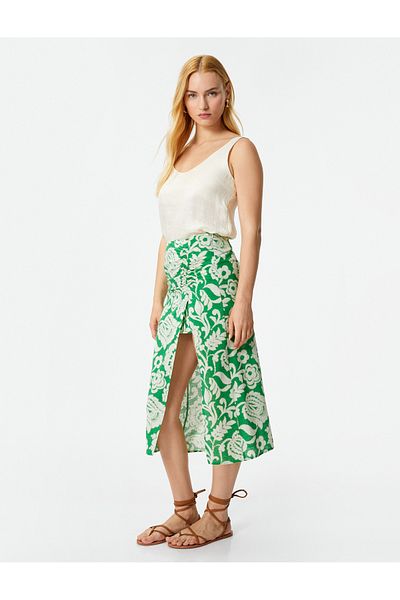 Koton Midi Skirt Floral Slit Gathered Normal Waist Cotton
