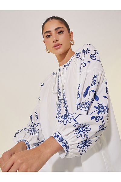Styli Printed Tie-Up Neck Balloon Sleeve Top