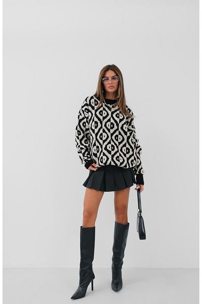 Black Fashion Pulover oversize brodat cu model geometric