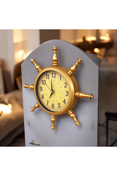 Bahat Gold Metal Ahşap Gemici Denizci Dümen Duvar Saati Çap 34 cm
