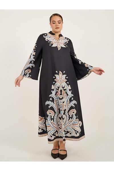 Styli Plus Size Stand Collar Printed A-Line Jalabyia