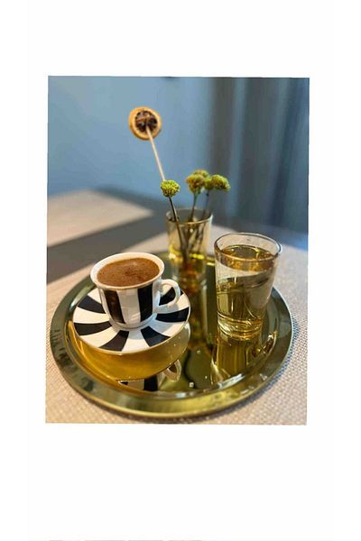 Kumsal Hediyelik Round Gold Presentation Tray Decorative Serving Tray Tea, Promise, Engagement, Presentation Coffee 22 Cm 6 Pieces Round