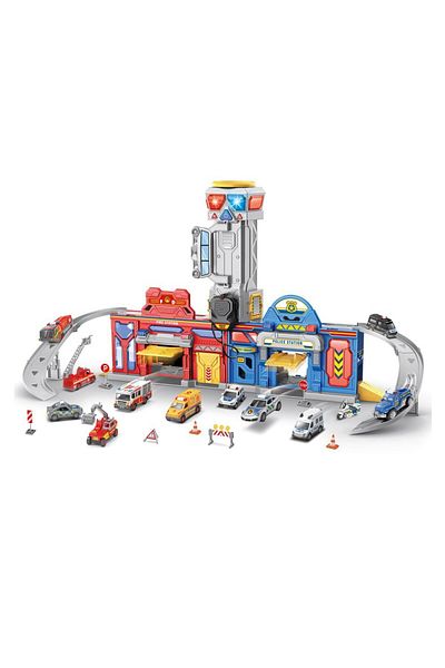 STEM 2-in-1 Rescue &amp; Patrol: Fire &amp; Police Station Playset with 6 Racers