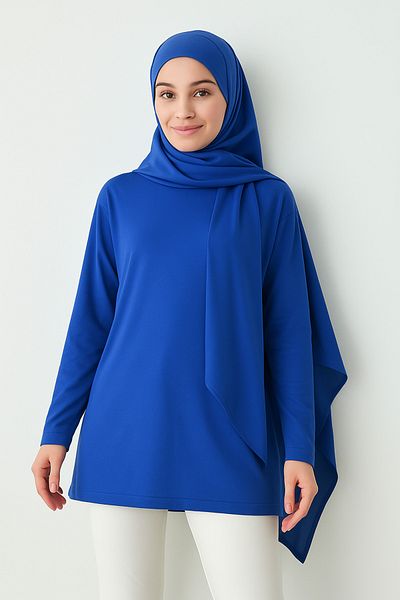 mirach Sapphire Color Cotton Combed Cotton Tunic Blouse |   Long Sleeve Comfortable T-Shirt Stylish Top with Bandana Gift