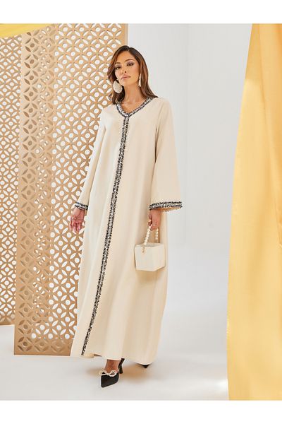 Styli Solid Tweed Lace Detail A-Line Jalabiya
