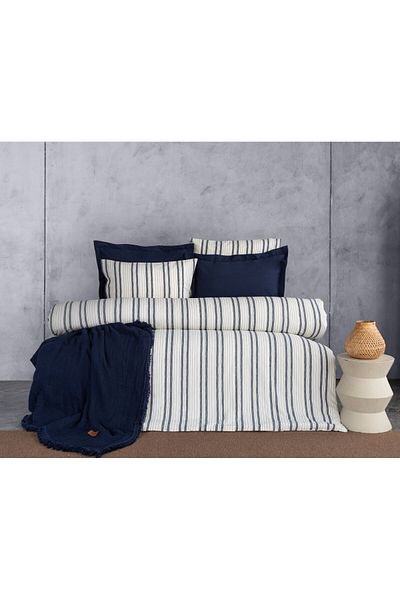 Dantela Linea Striped Duvet Cover & Pike Set - Navy Blue