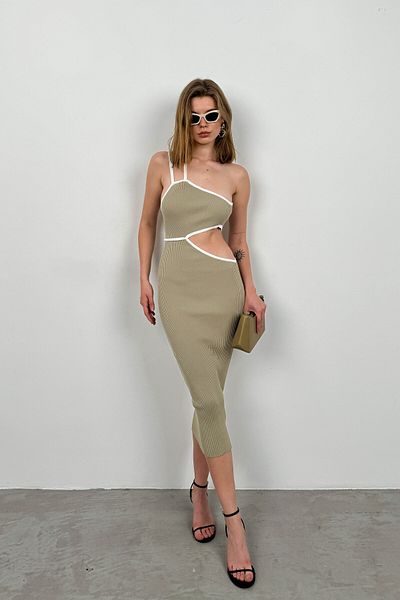 Black Fashion Μπεζ Φόρεμα με έναν ώμο με χαμηλή πλάτη