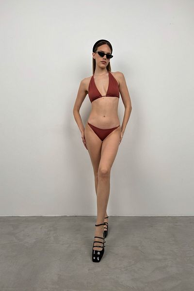 Black Fashion Brown Triangle Gathered Bikini Set