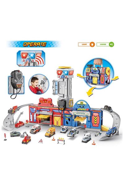 STEM 2-in-1 Rescue &amp; Patrol: Fire &amp; Police Station Playset with 6 Racers