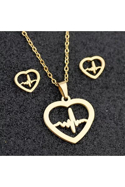 Prof Heartbeat Necklace And Earrings Stainless Steel Set