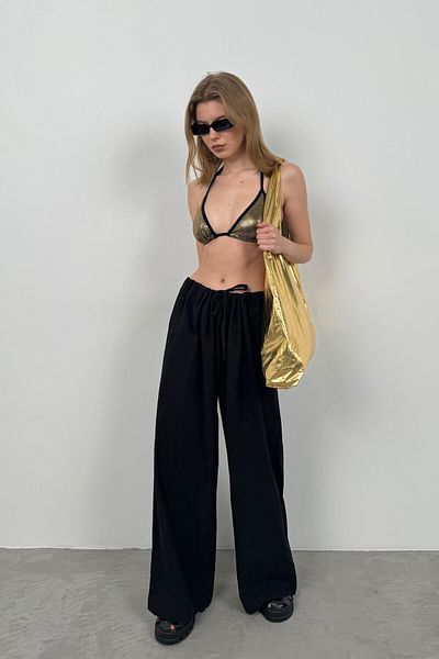 Black Fashion Black Voile Tunnel Detailed Trousers