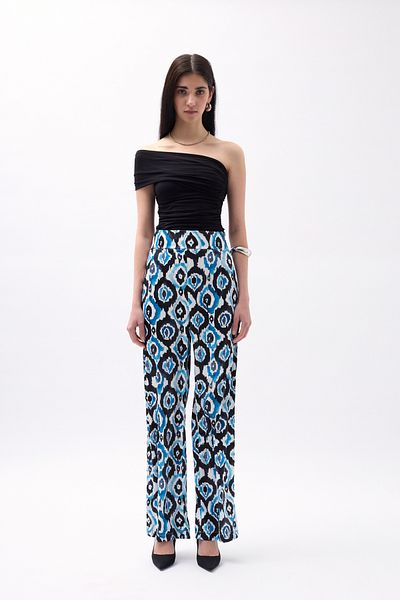 Black Fashion Blue Patterned Satin Trousers