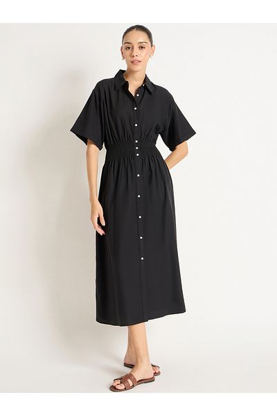 Femmella By Styli Solid Cinched Waist Shirt Midi Dress