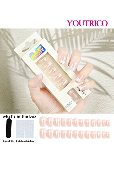 Youtrico 24 ظفرًا صناعيًا، حواف بيضاء فرنسية للسيدات، شبه منحرف قصير
