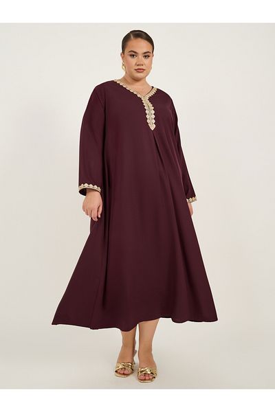 Styli Plus Size Lace Detail V Neck Flared Hem Jalabiya