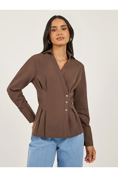 Styli Women Brown Solid Pleated Regular Fit Wrap Shirt