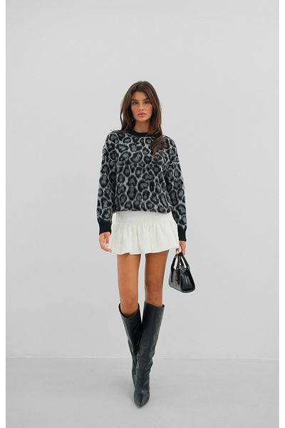 Black Fashion Pulover de tricotaj cu barbă cu model leopard negru