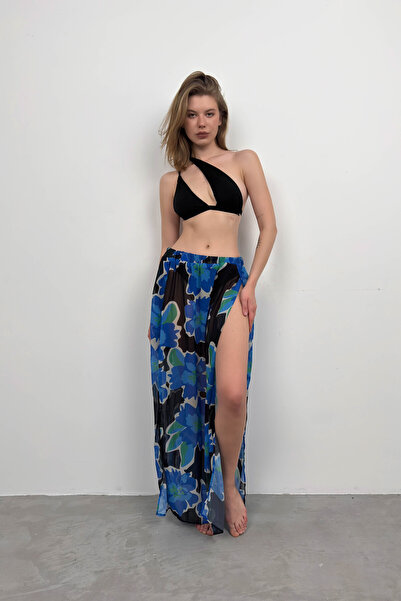 Black Fashion Patterned Blue Pareo - Double Slits