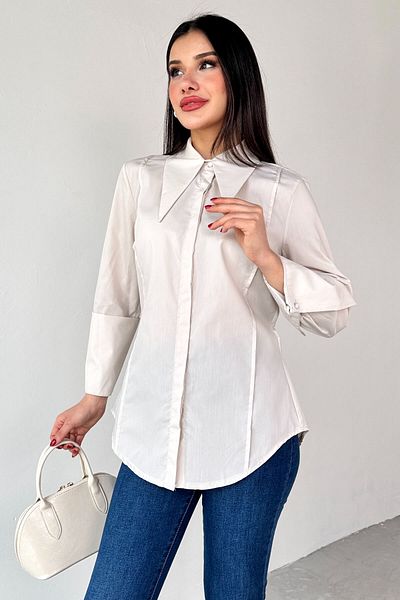 Cappmoda Gml-13258 Stone Color Pointed Collar Hidden Button Ribbed Shirt