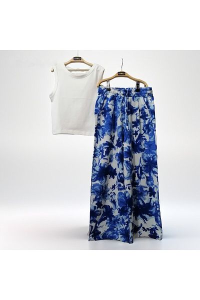 Çikoby Deroshkids Girls' Patterned Wide Leg Elastic Waist Linen Pants and Crop Body Two Piece Set