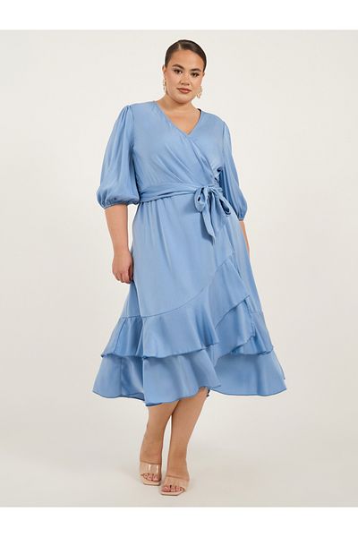 Styli Plus Size Balloon Sleeve Wrap Midi Dress