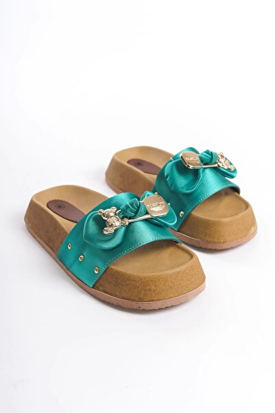 EBRUS TREND Dıla Thick and Orthopedic Sole Teddy Bear Satin Women's Slippers Kt - Green