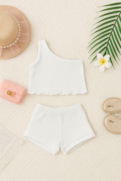 ADABEBEK Ribbed Single Sleeve Baby Crop Shorts 2-Piece Baby Set