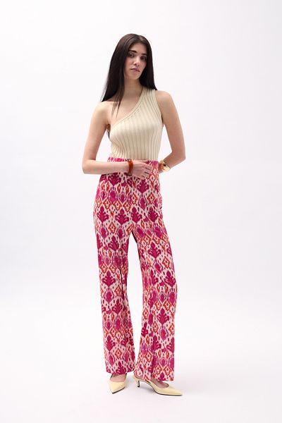 Black Fashion Pantaloni din satin cu model roz