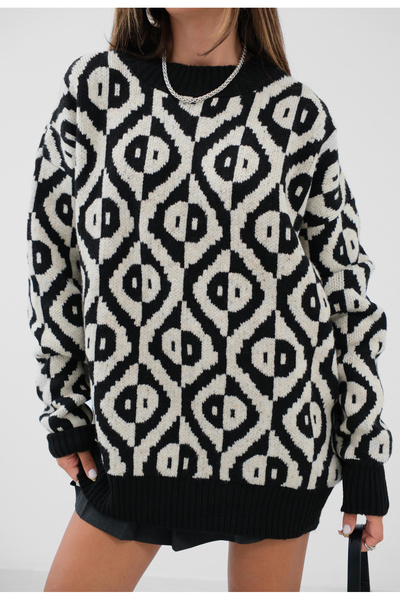 Black Fashion Geometric Patterned Embroidered Oversize Sweater